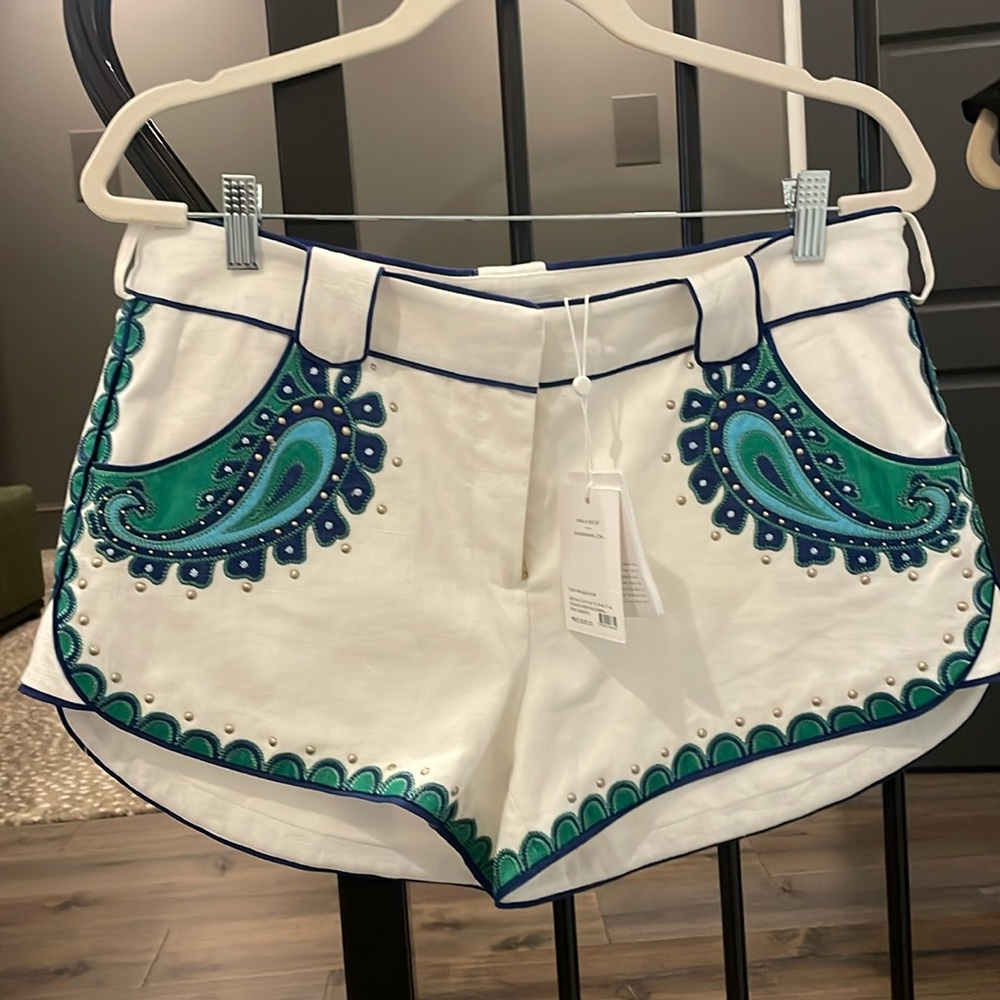 Zimmermann White and Green Embroidered Women Shorts